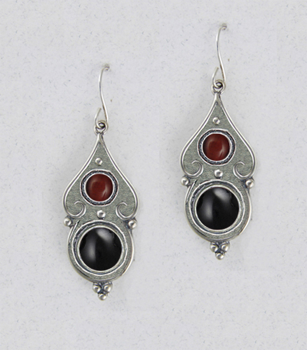 Sterling Silver Gothic Look With Black Onyx And Red Tiger Eye Gemstone Drop Dangle Earrings